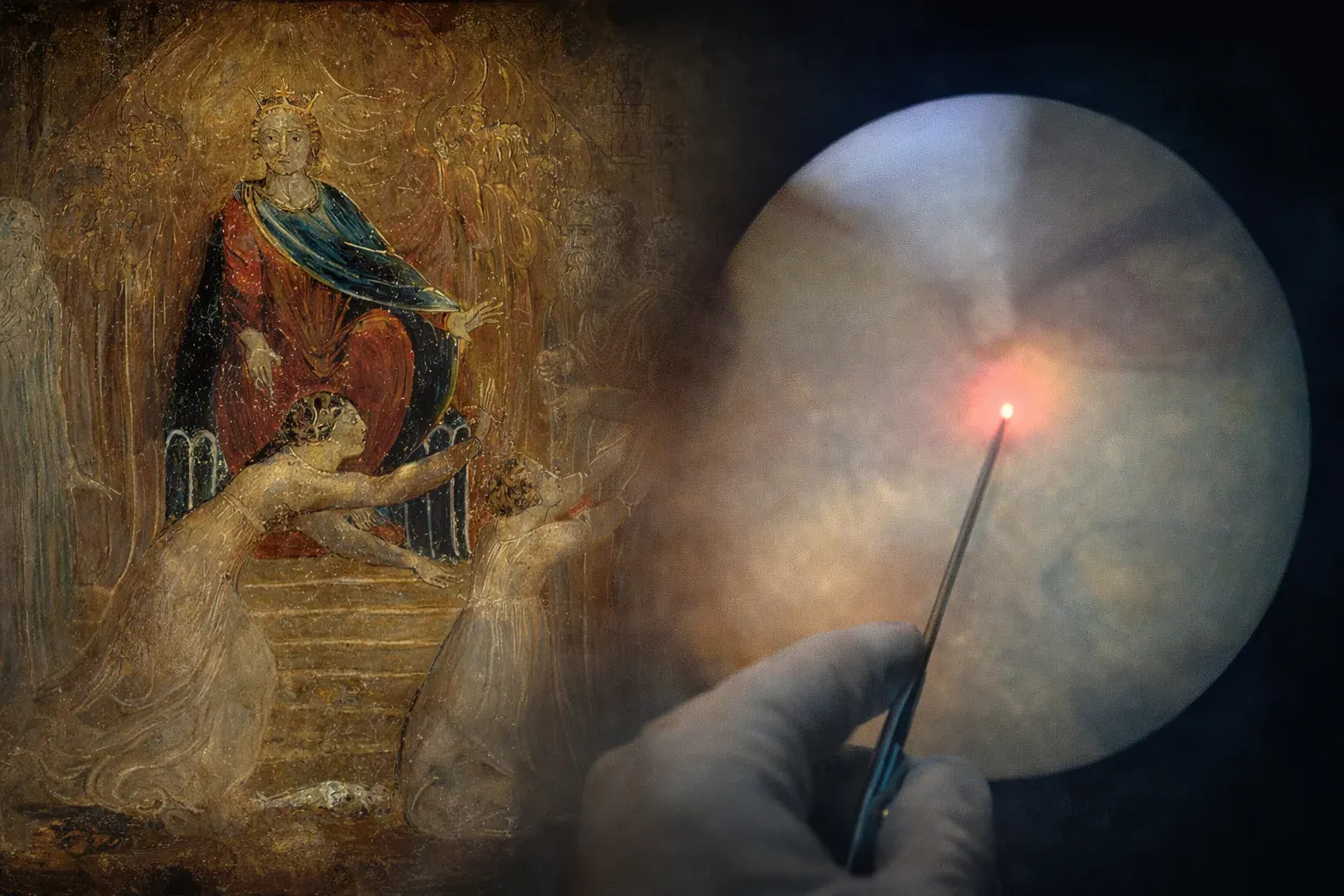 Da Bíblia ao laser: composição artística unindo O Julgamento de Salomão de William Blake à imagem fetoscópica da ablação a laser das anastomoses placentárias na síndrome de transfusão feto-fetal