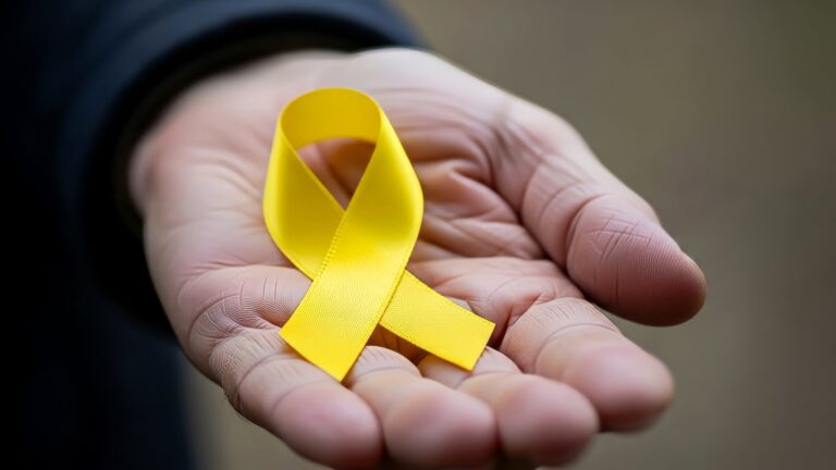 Laço amarelo, símbolo da espinha bífida e mielomeningocele, segurado em mão aberta — representando acolhimento e conscientização