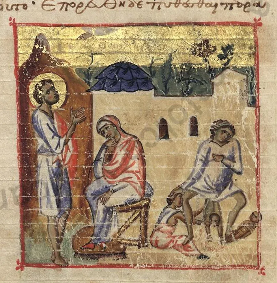 Iluminura medieval do nascimento de Esaú e Jacó, manuscrito Vaticano gr. 747, fol. 46v — possível primeiro registro visual de transfusão feto-fetal na história