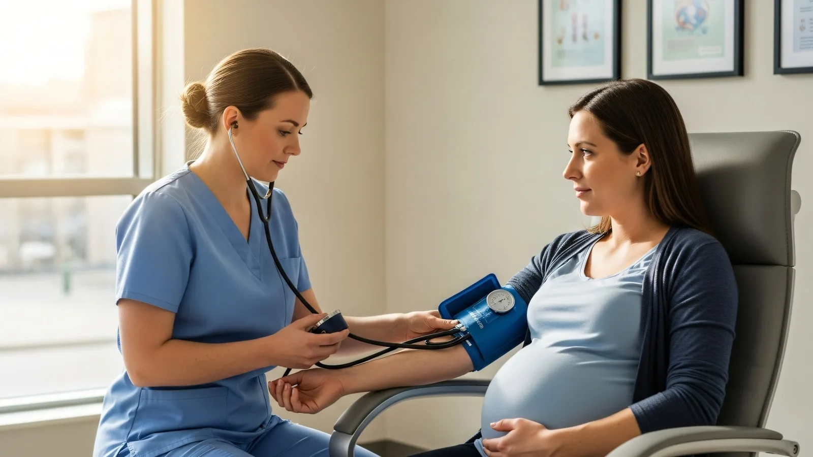 Gestante em consulta de pré-natal de alto risco com profissional medindo pressão arterial