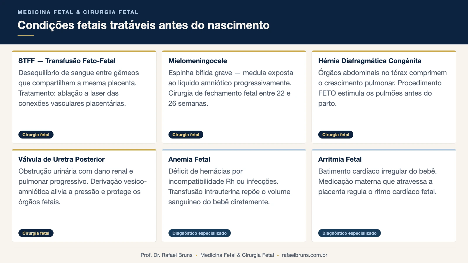 Seis condições fetais tratáveis antes do nascimento: STFF, mielomeningocele, HDC, VUP, anemia fetal e arritmia fetal