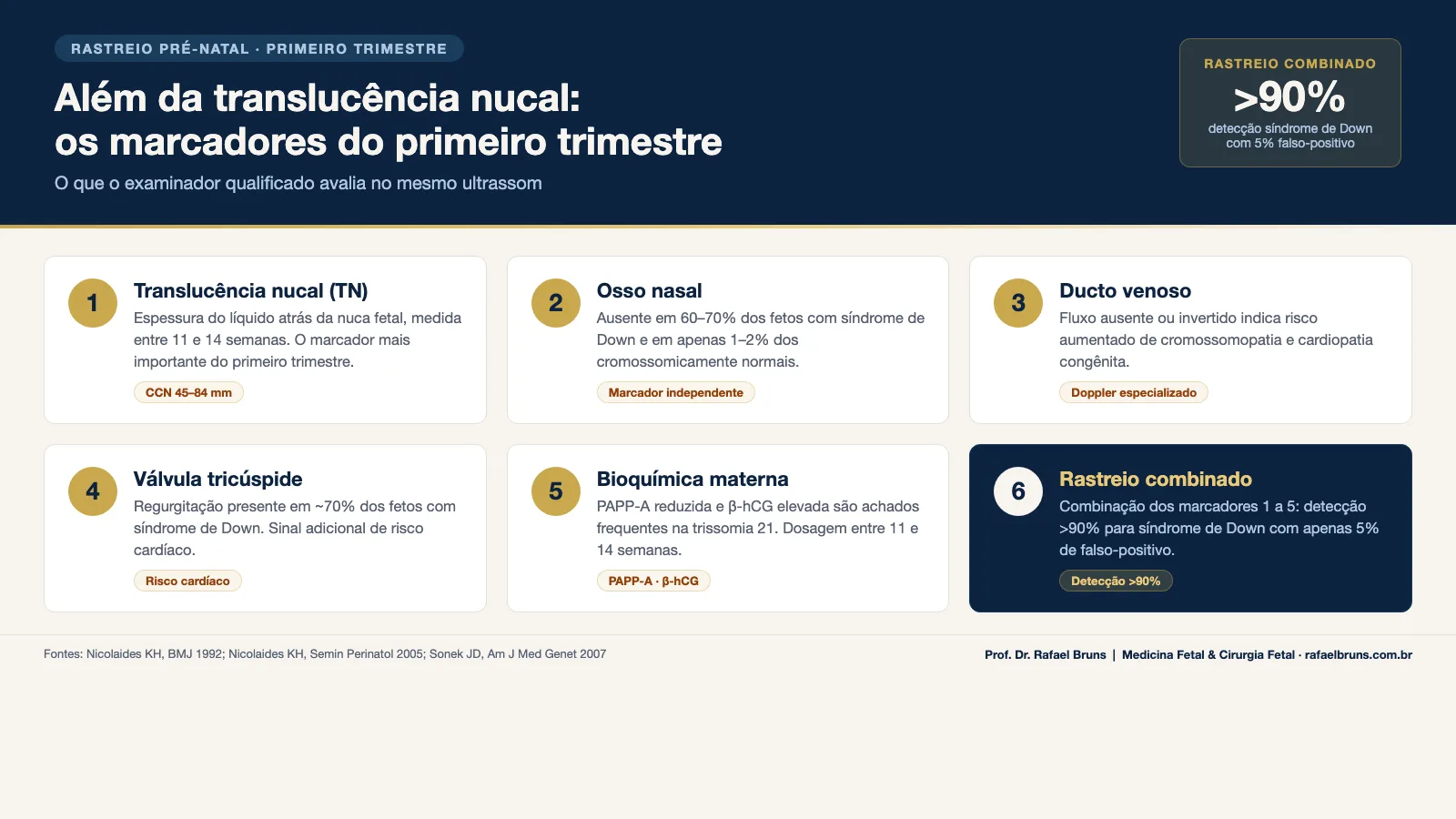 Infográfico com os seis marcadores do rastreio de primeiro trimestre: translucência nucal, osso nasal, ducto venoso, válvula tricúspide, PAPP-A e rastreio combinado com detecção superior a 90 por cento