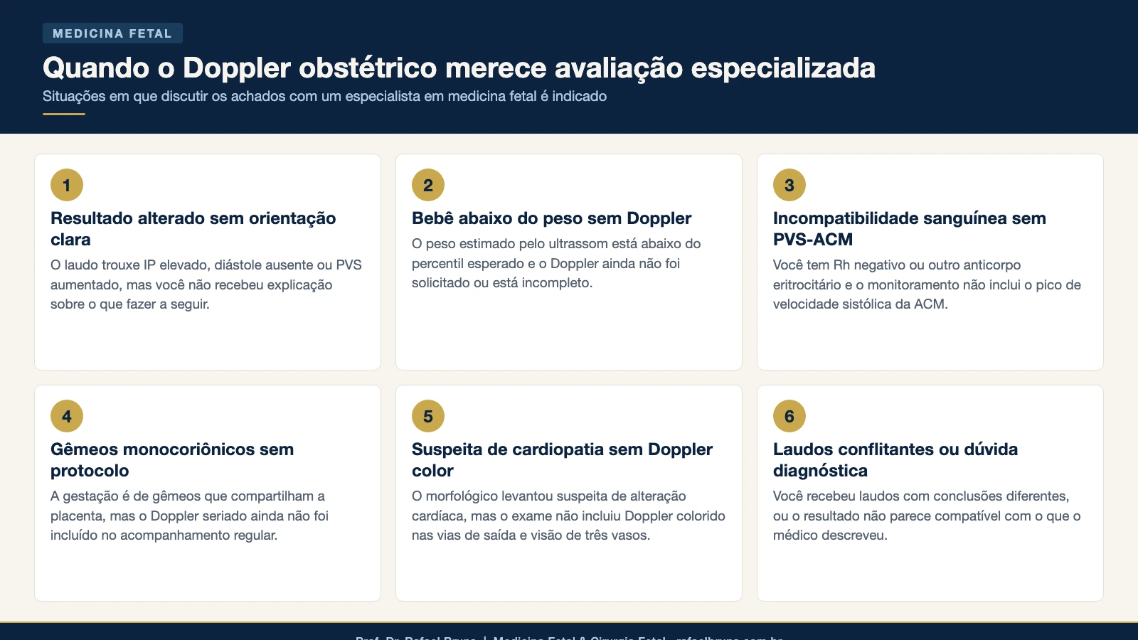 Infográfico listando 6 situações que merecem avaliação especializada do Doppler na gestação