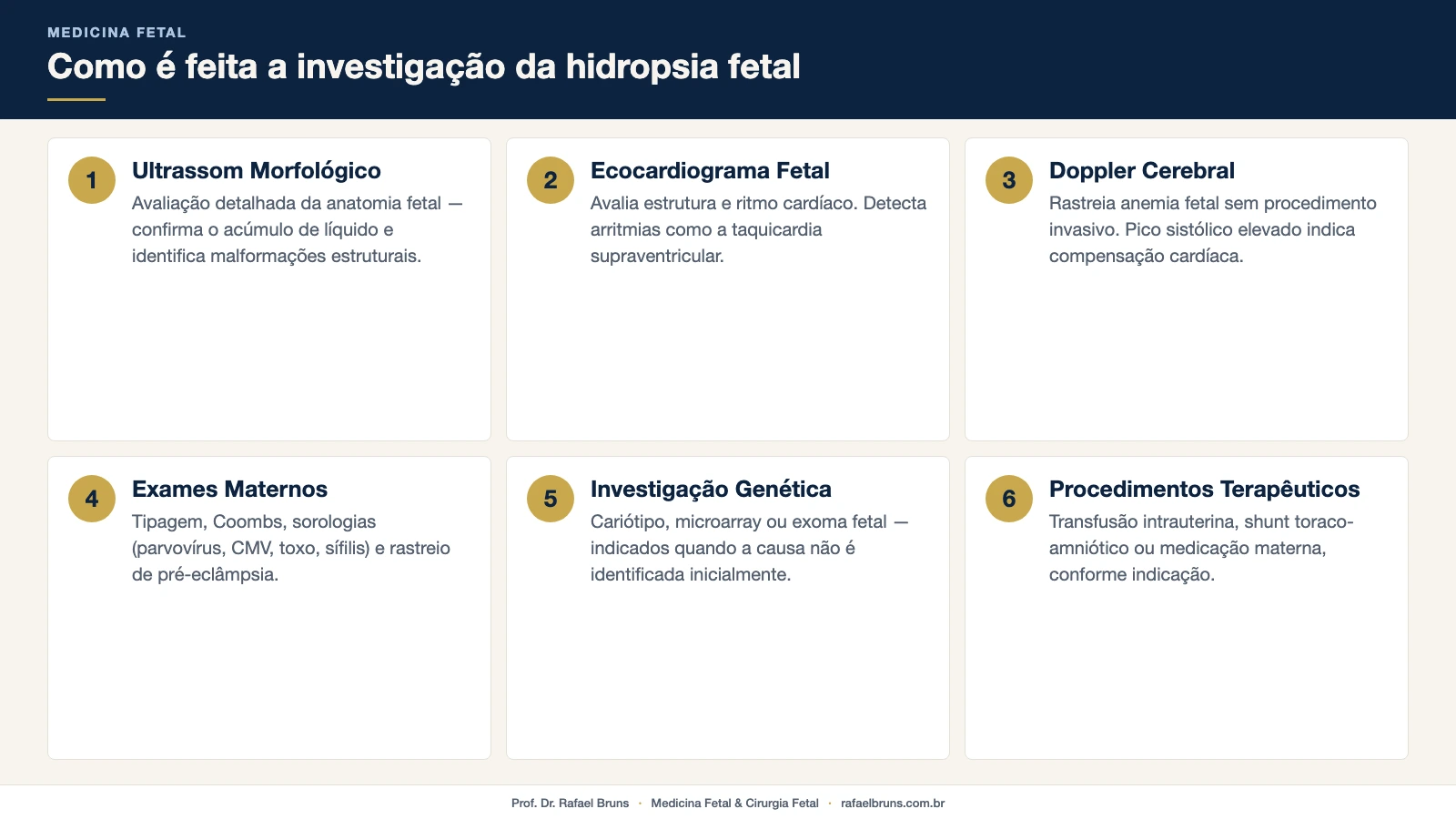 Infográfico com os seis passos da investigação diagnóstica da hidropsia fetal: ultrassom morfológico, ecocardiograma, Doppler, exames maternos, investigação genética e procedimentos terapêuticos
