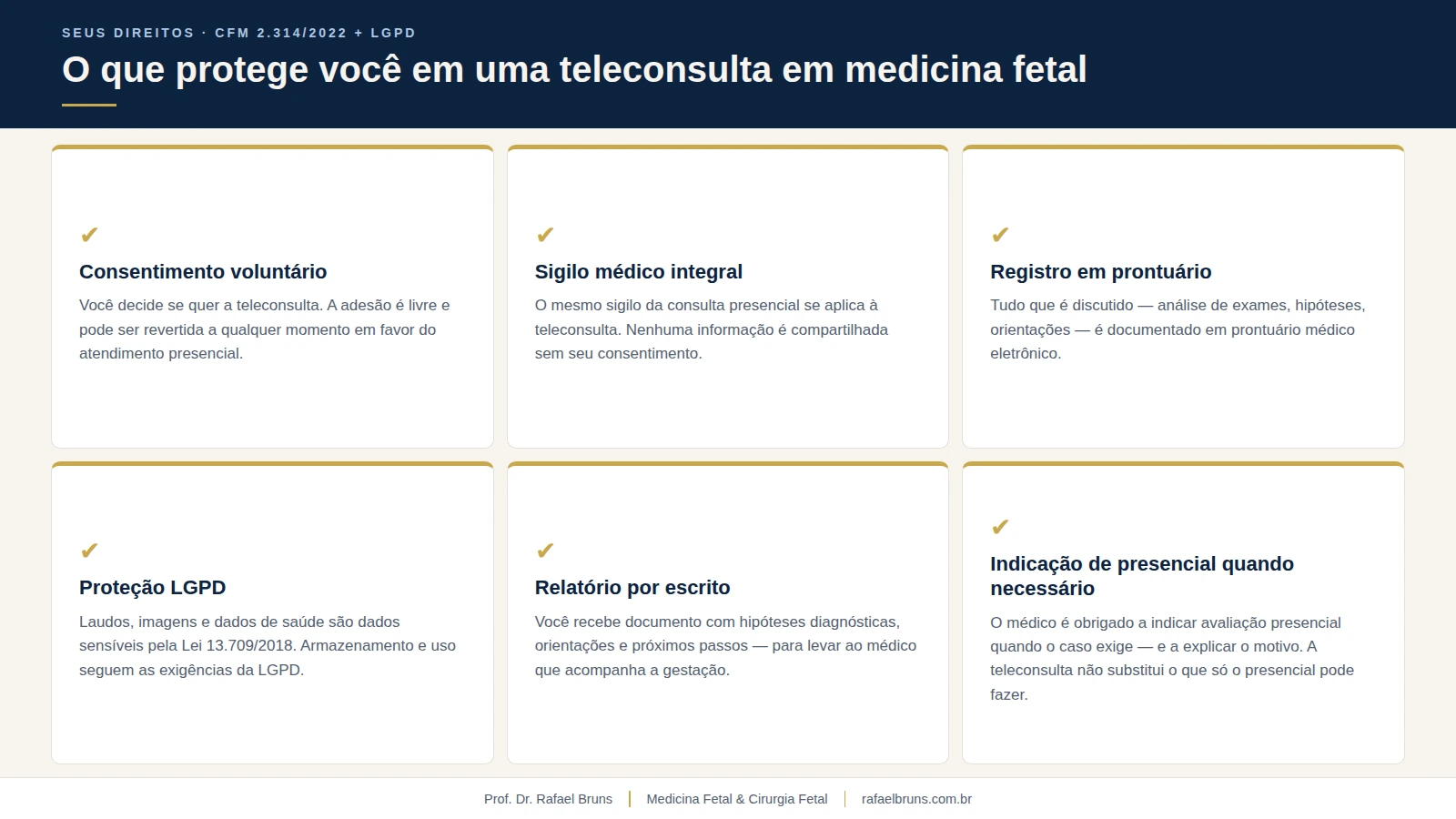 Infográfico com 6 garantias que protegem o paciente em uma teleconsulta em medicina fetal: consentimento voluntário, sigilo médico, prontuário, LGPD, relatório por escrito e indicação de presencial quando necessário
