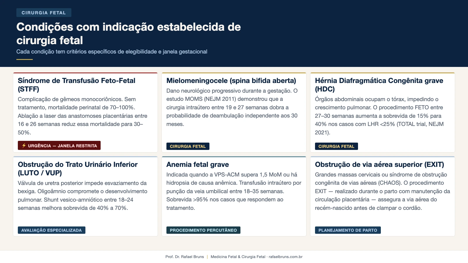 Seis condições fetais com indicação de cirurgia fetal: STFF, mielomeningocele, HDC, LUTO, anemia fetal e EXIT