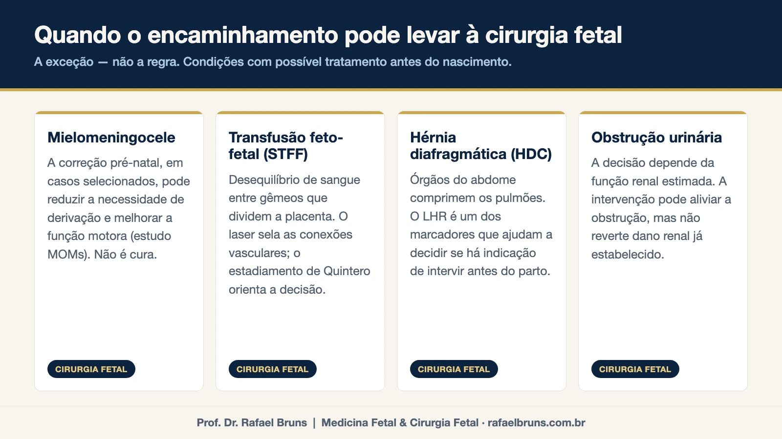 Quatro condições em que o encaminhamento pode levar à cirurgia fetal: mielomeningocele, transfusão feto-fetal, hérnia diafragmática e obstrução urinária